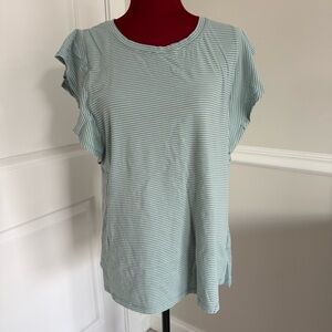Cotton Bleu Striped Green Top with Flutter Sleeves
